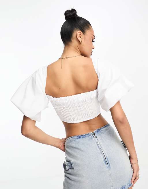 ASOS Premium Broderie Crop Top with Puff Sleeve