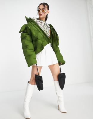 Asyou Puffer Coat With Mittens In Khaki-green