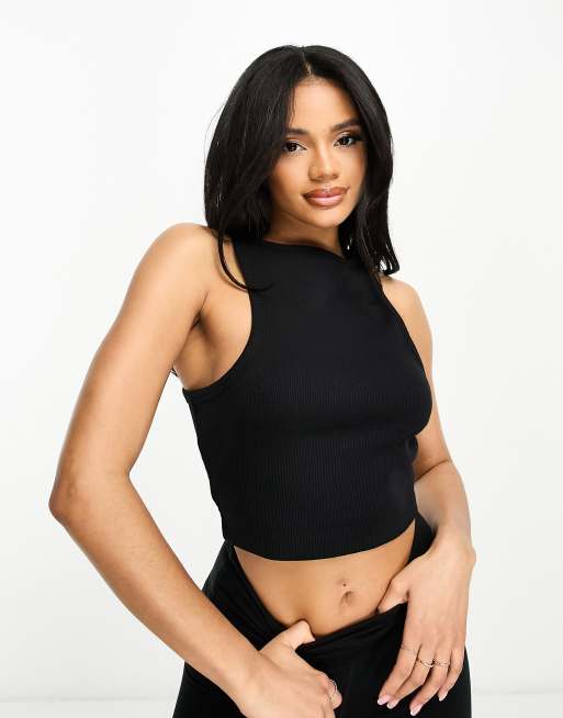 ASOS Ribbed High Neck Halter Crop in Black