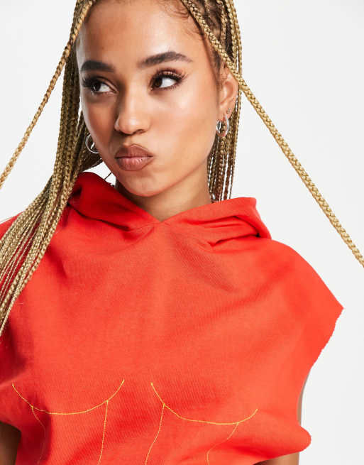 ASYOU raw edge sleeveless cropped coordinating hoodie in red, 3 of 4
