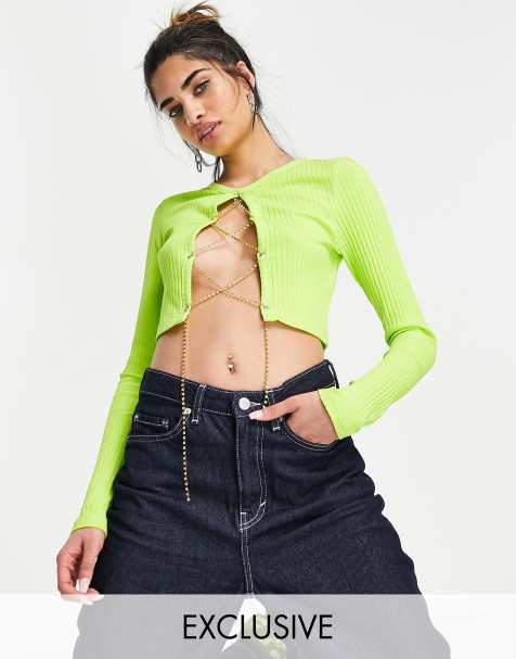 ASYOU rib diamante lace up top in lime