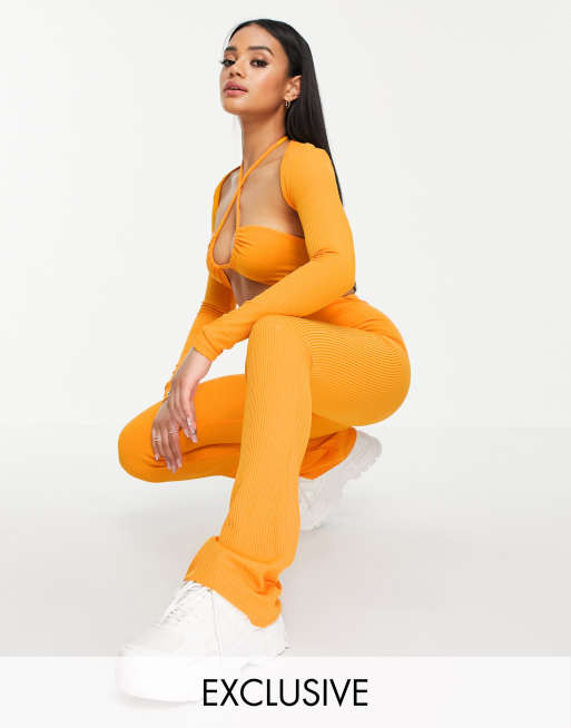 ASYOU ribbed flared pants in orange - part of a set