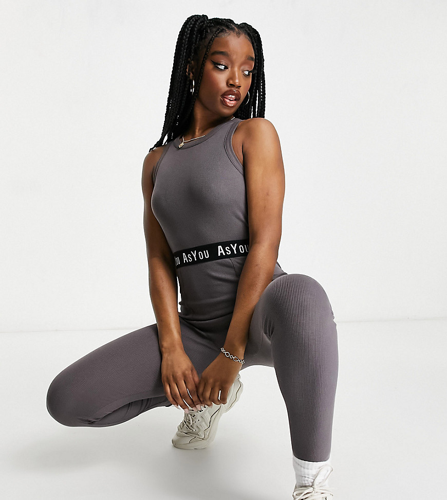 ASYOU ribbed racer unitard in charcoal-Grey