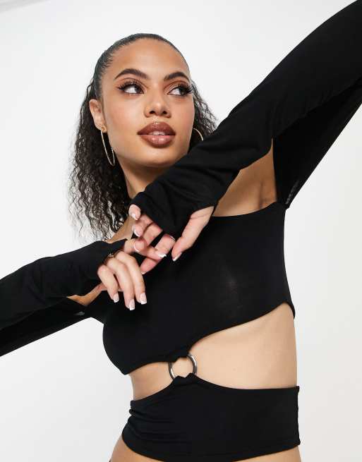 Cut Out Ring Detail Long Sleeve Crop Top Black