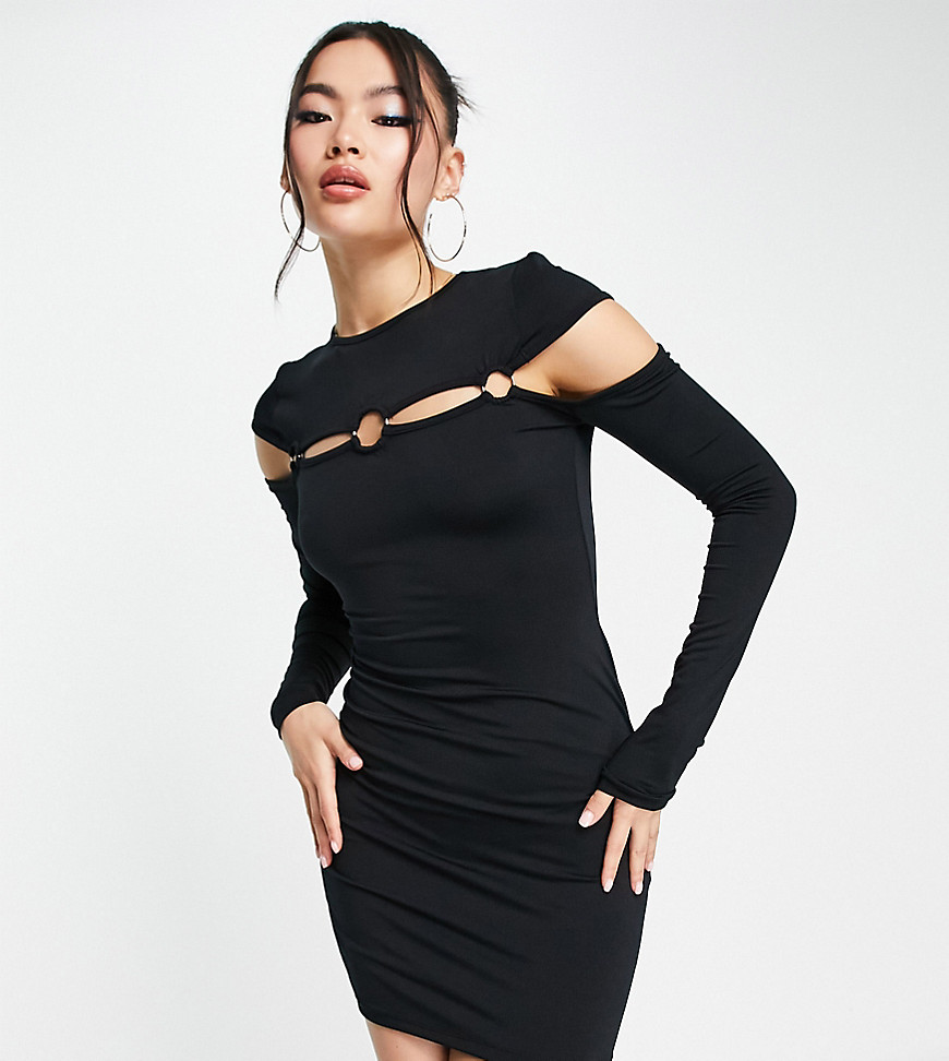 Asyou Ring Detail Cut Out Long Sleeve Mini Dress In Black