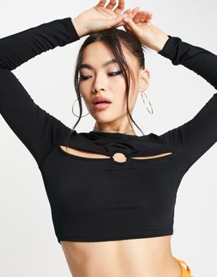 Asyou Ring Detail Cut Out Long Sleeve Top In Black