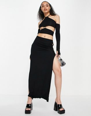 ASYOU ring detail cut out low rise maxi skirt co-ord in black