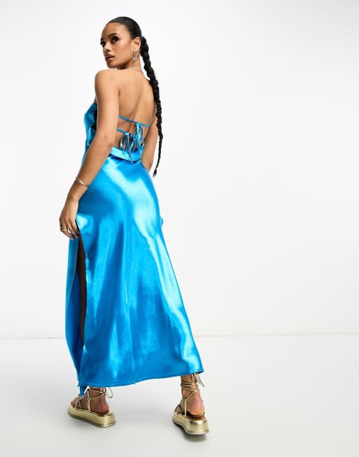 ASYOU Robe bandeau longueur mollet en satin Bleu ASOS