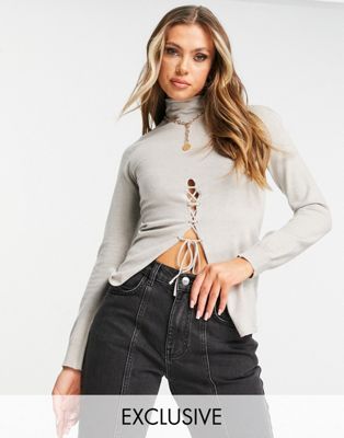ASYOU roll neck tie front jumper in grey - ASOS Price Checker