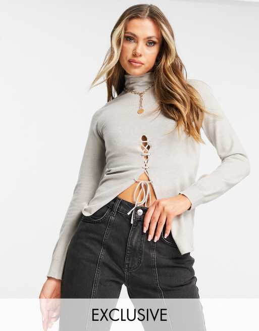 Split front lace up long sleeve sweater hot sale