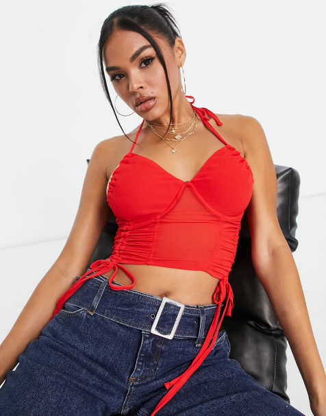 ASYOU ruched chiffon corset top in red - view 1