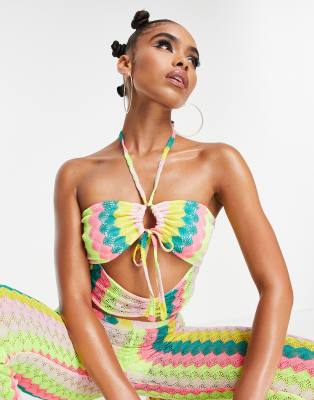 Asyou Ruched Halter Neck Cut Out Stripe Crochet Cami Top In Multi - Part Of A Set