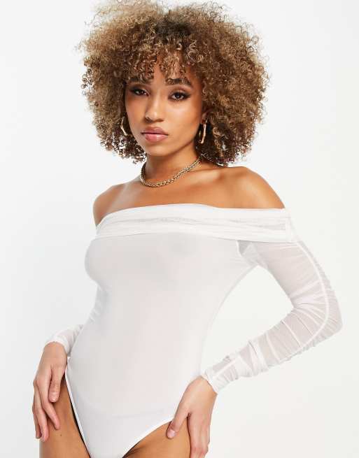 ASYOU ruched mesh bardot bodysuit in white