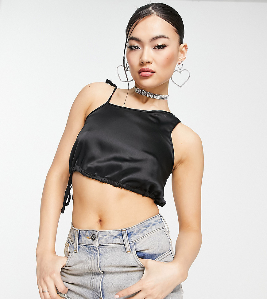 ASYOU ruched satin crop top in black