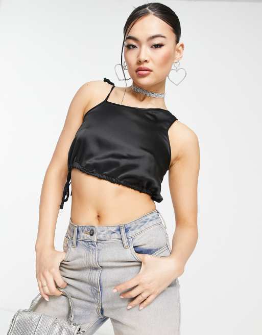 ASYOU ruched satin crop top in black