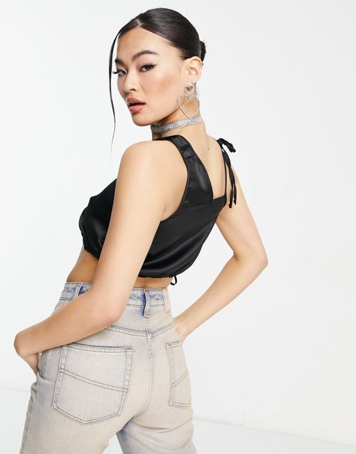 ASOS DESIGN sleeveless satin top with ruched neck in black