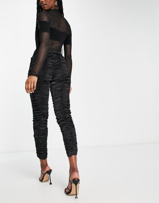 ASYOU ruched satin pants in black, 3 of 4
