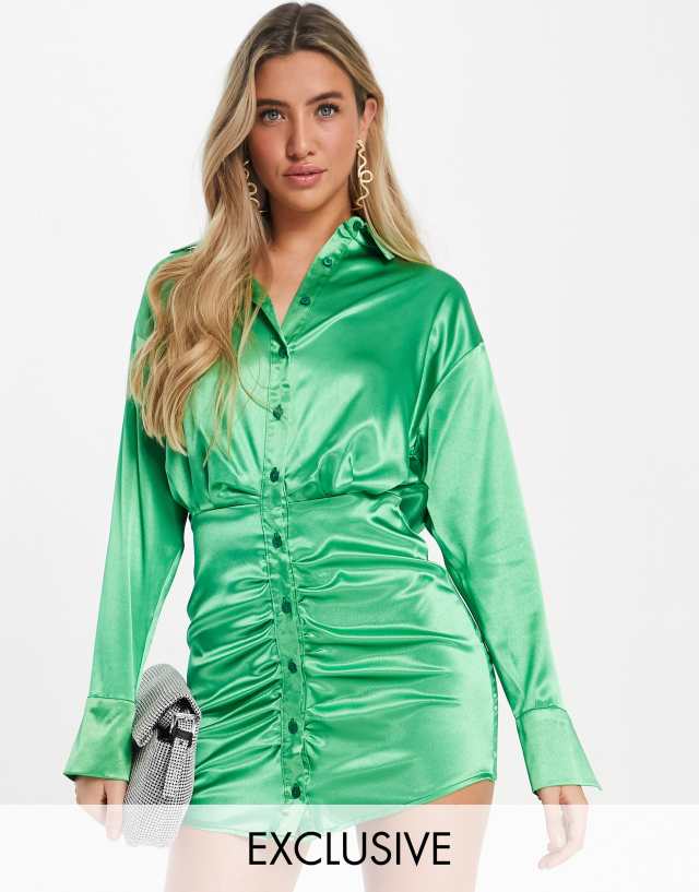 ASYOU ruched satin shirt dress in green