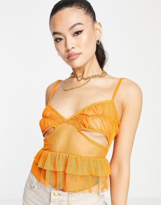 AsYou ASYOU ruffle hem mesh cami top in orange