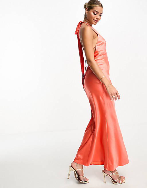 ASYOU ruffle tie detail satin halter sleek maxi dress in orange | ASOS