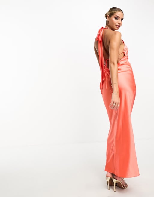 ASYOU ruffle tie detail satin halter sleek maxi dress in orange