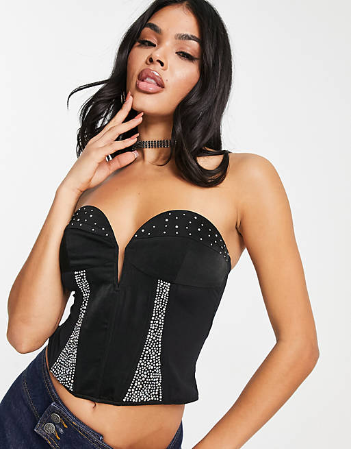 ASYOU satin and diamante corset with lace up back in black