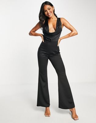 Asyou Satin Cowl Lattice Jumpsuit With Strap Detail In Black