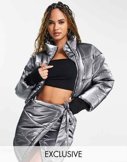 ASYOU satin crop puffer jacket in metallic silver part of a set