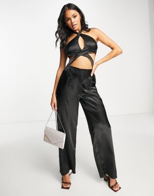 Asyou Satin Cross Neck Cut Out Jumpsuit In Black