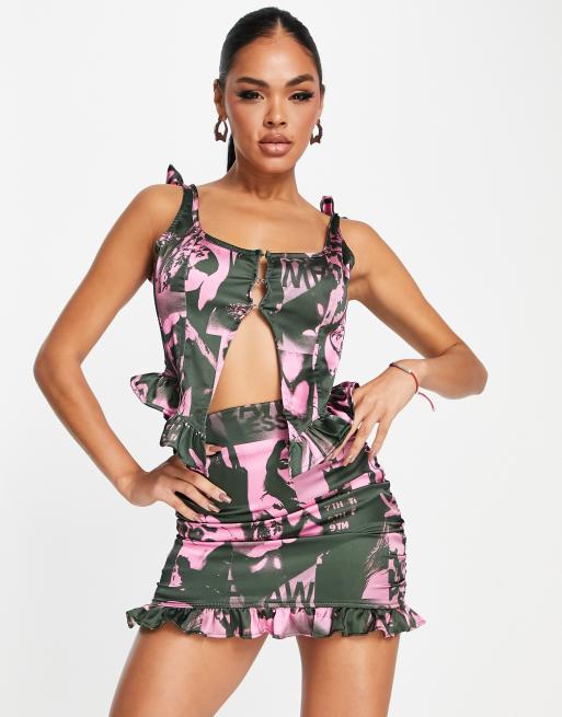 ASYOU satin frill hem corset top in print - part of a set