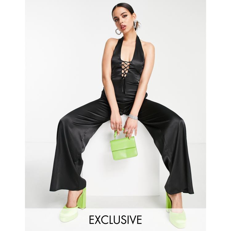 ASYOU satin cross neck cut out jumpsuit in black, ASOS