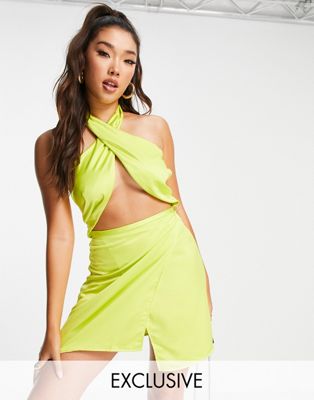 ASYOU satin halter wrap mini dress in lime - ASOS Price Checker