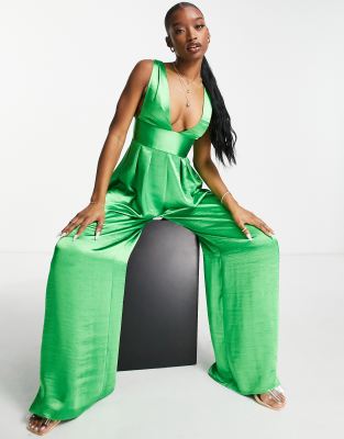 green satin jumpsuit