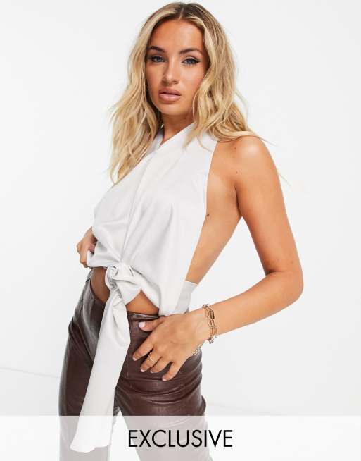 ASYOU satin knot front halter top in cream