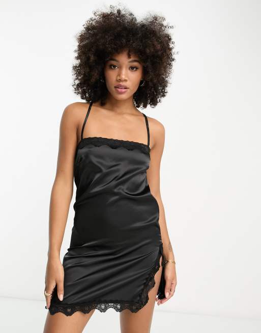 ASYOU contrast lace trim satin cami dress in charcoal