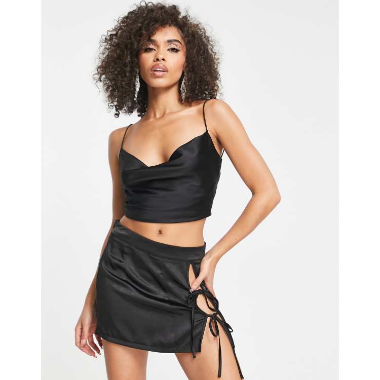 ASYOU satin lace up back cami top in black