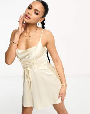 ASYOU - Satin-Minikleid in Steinbeige mit A-Linien-Schnitt, Schnürung und Wasserfallausschnitt-Neutral