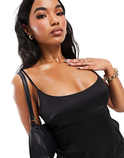 ASYOU satin square neck cami mini dress with split front in black