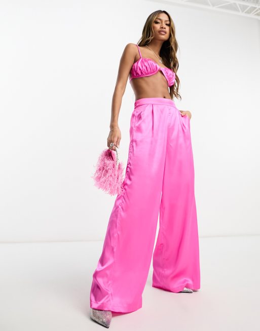 ASYOU satin wide leg pants in hot pink (part of a set)