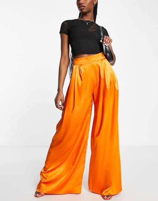 Style Maven Rust Orange Satin Belted Wide-Leg Pants