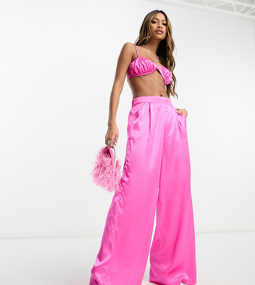 ASYOU satin wide leg trouser co-ord in hot pink
