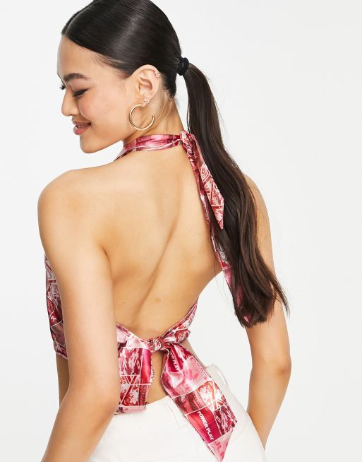 ASYOU – Satynowy top z dekoltem typu halter, wycięciem i graficznym wzorem, 3 z 4