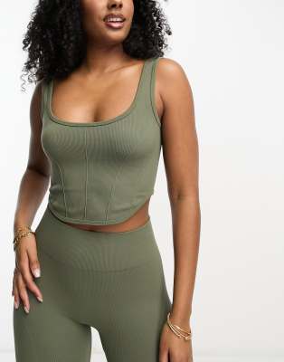 ASOS DESIGN capped sleeve corset top with seaming detail in khaki