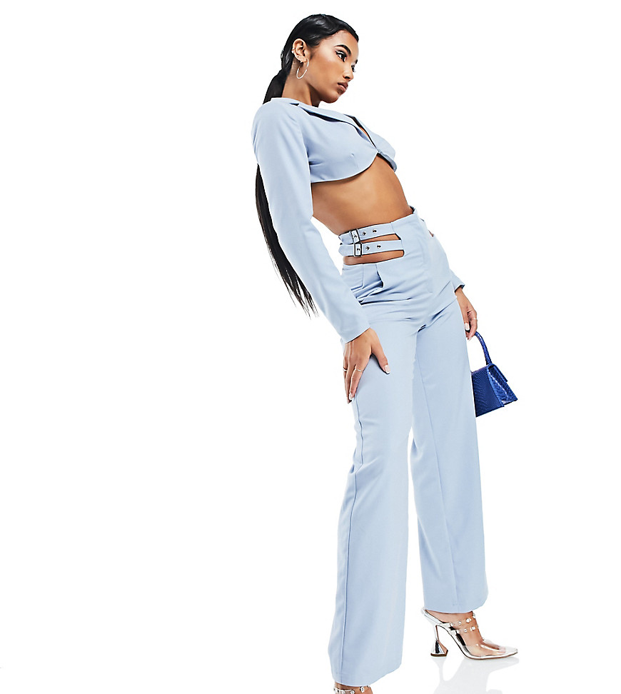 ASYOU set wide leg pants with cut out hip buckle in blue-Blues