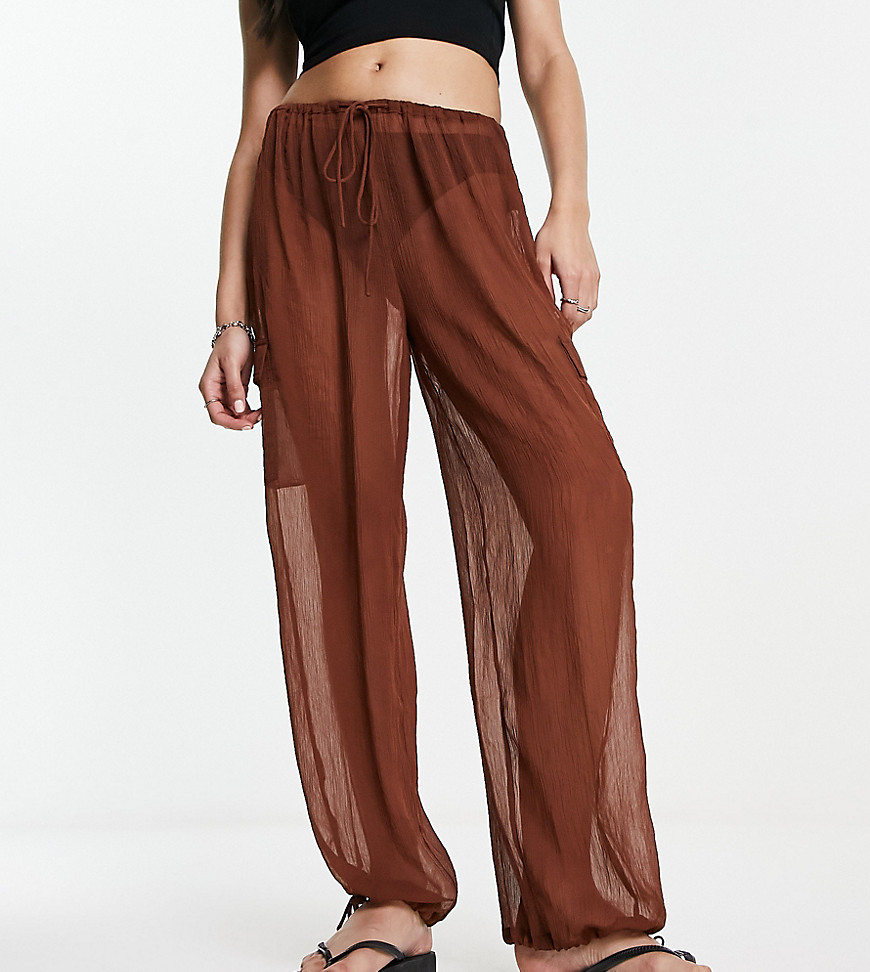 Asyou Sheer Crinkle Pants With Ruched Cuff In Chocolate-multi