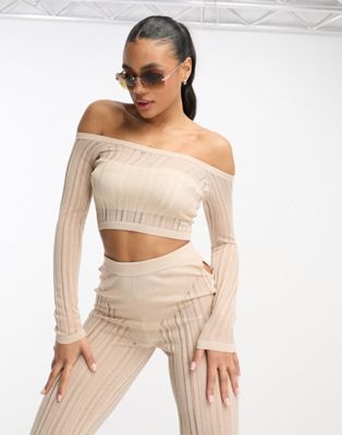 ASYOU sheer striped long sleeve bardot knitted top in sand - ASOS Price Checker