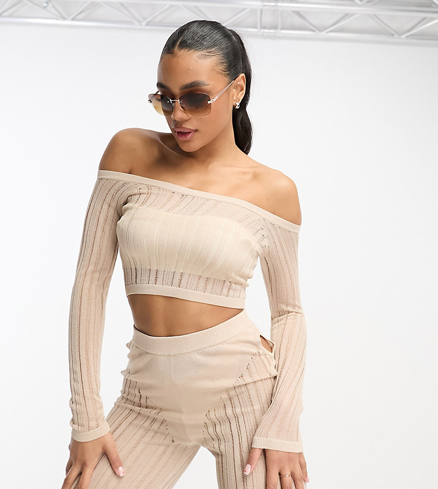 ASYOU sheer striped long sleeve bardot knitted top in sand-Neutral