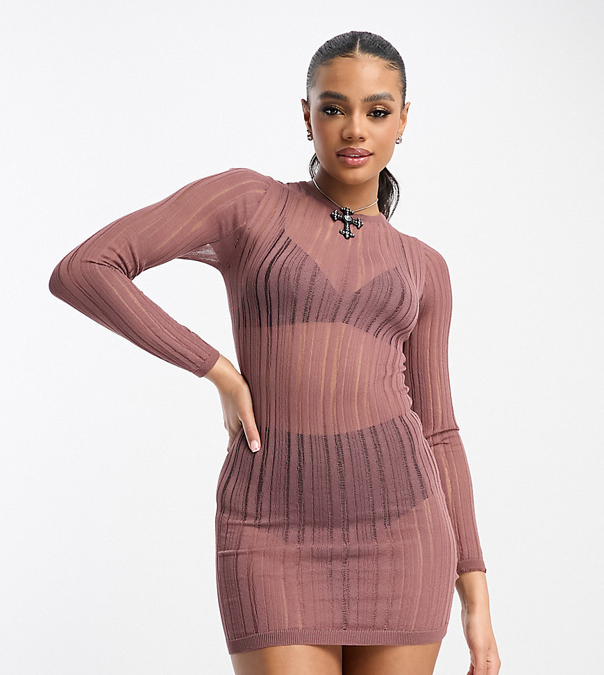 Asyou Sheer Striped Long Sleeve Knit Dress In Chocolate-neutral