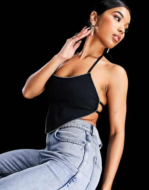 AsYou - Sjaal-crop top met diamanten rand in zwart - view 1