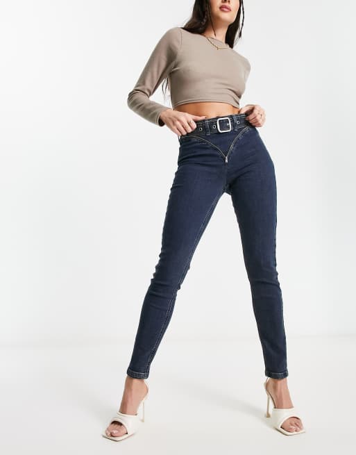 ASYOU skinny jean with zip buckle detail in dark dirty wash